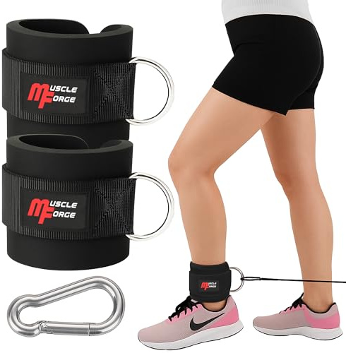 MuscleForge Fußschlaufen Kabelzug – Fußmanschetten Gym, 2 Stück | Neopren gepolstert, D-Ring und Karabiner, 49 cm verstellbar, für Kickbacks, Beinheben und Glute Training