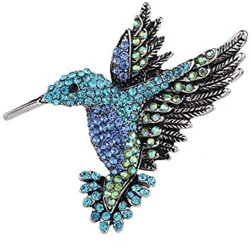 Broche bijou Oiseau Colibri strass cristal bleu et vert en acier.