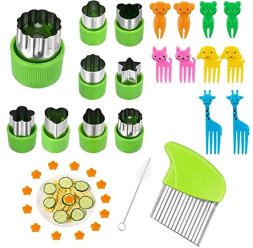 tonyg-p 21 Stück Obst Gemüse Ausstechformen, Edelstahl Cookie Plätzchen Ausstecher Mini Gemüseschneider Set Kinder mit Wellenschneider, 10 Stück Karikatur Zahnstocher für Kuchen, Keks, Sandwich