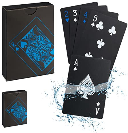 Relaxdays Pokerkarten Set, wasserfeste Spielkarten, 2 Pokerdecks à 54 Karten, Plastik Kartenspiel, mit Joker, schwarz