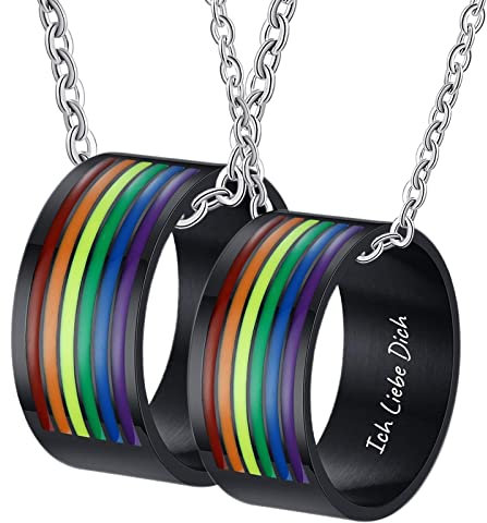 AMDXD Paar Halskette für Sie Edelstahl mit Gravur Ich Liebe Dich, LGBT mit Regenbogen Emaille Partner Halsketten 2pcs mit Ringe Anhänger, Schwarz, Breite 10MM Länge 60cm/ 50cm