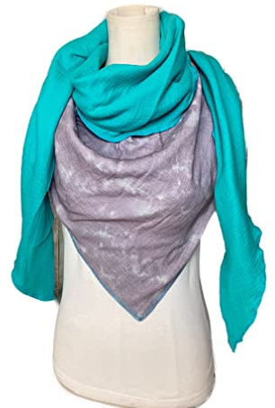 Musselintuch Batik Lila- Türkis doppellagiges Mussselintuch XXL Zweifarbig Dickes Musselin Halstuch extra warm Wickelschal Tuch Dreieckstuch Baumwolle Stola Handmade Schal einlagig