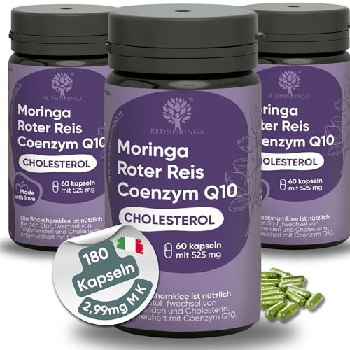 Cholesterin Senken Kapseln Komplex 5in1 - Roter Reis, Coenzym q10, Bockshornklee, Monacolin K & Bio Moringa - Für Gesunden Cholesterin & Triglyceride Spiegel - 180 Kapseln
