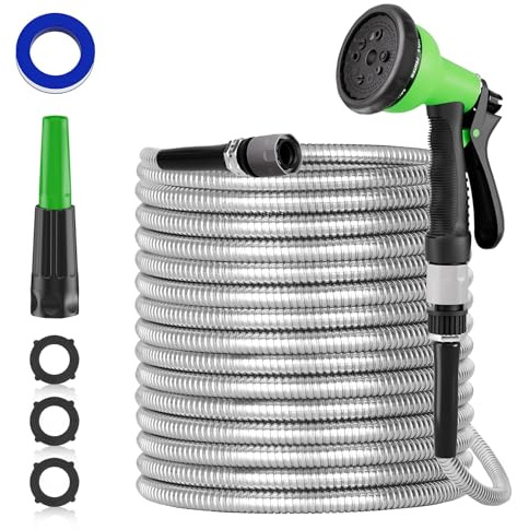 SPECILITE 150ft 304 Stainless Steel Garden Hose, Heavy Duty Flexible Metal Water Pipe with 2 Nozzles for Yard, Outdoor,No Kink and Tangle,Puncture Resistant