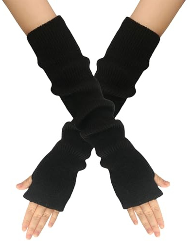 Suxgumoe Guanti senza dita da donna, lunghi scaldamani invernali, in maglia con foro per il pollice, scalda braccio lavorato a maglia per donne e ragazze, Nero , Taglia unica
