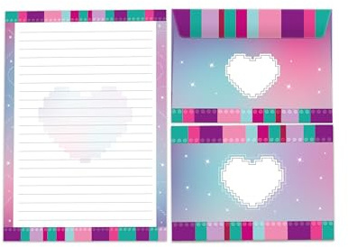 Briefpapier-Set Schreibblock liniert mit Umschlag für Mädchen Jungen Kinder Erwachsene Bausteine lila rosa blau türkis (1 Block A5 mit 25 Blättern + 15 passend bedruckte Briefumschläge)