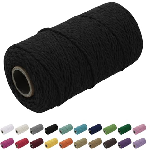 Uiopa Makramee Garn 1.5mm x 100m, Baumwollkordel Farbig Baumwollgarn Geflochten Baumwollseil, Natürliche Baumwollschnur für Wandbehang, Vorhang, Traumfänger, Hängepflanze, Deko (Schwarz)