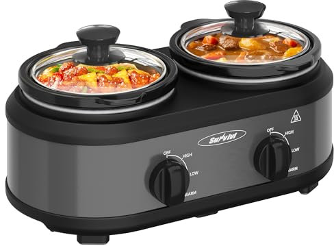 Sunvivi Dual Slow Cooker, Buffet Servers and Warmer with 2 Removable Ceramic Pots, Slow Cooker Food Warmer with Adjustable Temp & Glass Lids, Stainless Steel, 2 x 1.25 QT, Silver Grey