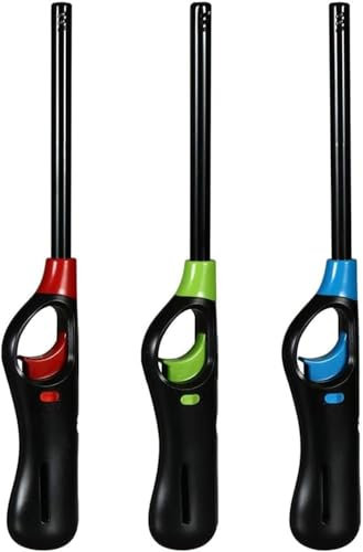 ANGIX 3 x BBQ Lighters Long Reach Multipack Fluid Refillable Safety Fire Lighter for Kitchen, Barbecue, Camping, Cooking, Fireworks, Gas Lighters for Cookers, Candles & Fires (Assorted Colours)