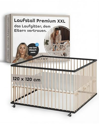 Sämann Baby Laufstall aus Holz I Baby Laufgitter 120x120 cm Schwarz I Robuster & höhenverstellbarer Laufstall aus Buchenholz I Mit gummierten Rollen & TÜV geprüft