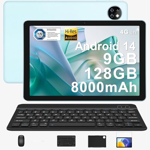 T10W Android 15 Tablets 2025, 10 inch Tablet with SIM Card Slots, 16GB RAM+128GB ROM/2TB, Android Tablets, 8000mAh, Tablet with Keyboard/Pen/Mouse/Case, 4G LTE/Widevine L1/Face ID/GPS/OTG