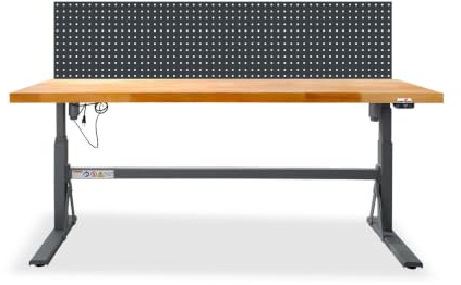Steinbock Werkbank elektr. höhenverstellbar + Lochwand | 200x75 cm | 350 kg | Grau | Arbeitshöhe 70-117 cm | 5 cm lasierte Massivholz-Arbeitsplatte aus Buche| stabiles Stahlgestell | Werktisch