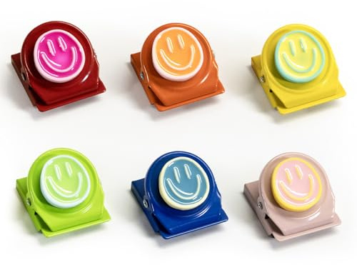 6Pcs Magnetic Clips Refrigerator Magnets – Colorful Happy Face Fridge Magnets for Artwork Display, Classroom Whiteboard & Locker, Teacher Must Haves for School, Home & Office