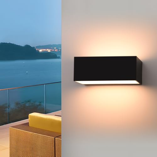 FUDESY Outdoor Wall Lights, Mains Powered, 12W LED Up and Down, IP65, Black | 3000K 800LM Modern Outside Wall Lamp Indoor, Hardwired, Exterior Wall Sconce for Living Room,Patio,Porch,Front Door,Garage