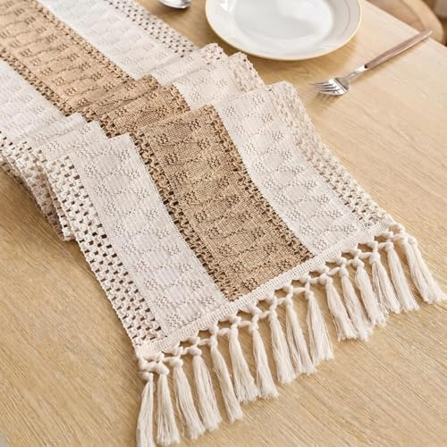 WUMEIJIAJU Boho-Makramee-Tischläufer, Baumwoll-Leinen-Tischläufer mit Quasten, Bauernhaus, gewebter Tischdekoration für Hochzeit, Party, Esszimmer, Heimdekoration, Mittelbraun, 30 x 183 cm