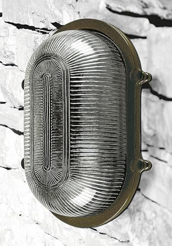 Außenleuchte Schwarz Antik Glas Messing massiv E27 IP64 26 cm breit Maritim kleine Wandlampe aussen Ovalleuchte Balkon Lampe Feuchtraum Kellerlampe