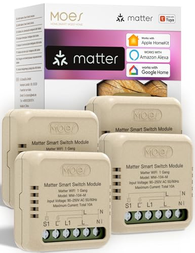 MOES MINI Matter Wlan Smart Relais Schalter,1 Fach Lichtschalter 4 stück | Unterputz,kompatibel mit Apple Home, Alexa & Google Home, MOES/Smart life/Tuya APP, erfordert Neutralleiter(10A)