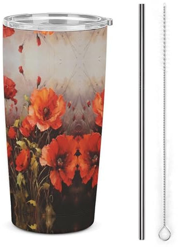 QWJKM Ölgemälde-Kaffeebecher mit roter Blume, großer Autobecher, Edelstahl, Reisebecher, auslaufsicher, isolierte Kaffeetasse mit Deckel und Strohhalm, für Auto, Zuhause, Büro, Geschenke