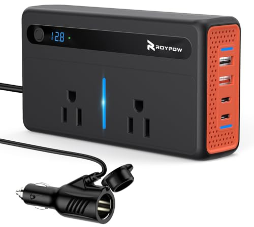 RoyPow 300W Car Power Inverter, DC 12V to 110V AC Power Inverter with Cigarette Lighter Port, Car Plug Adapter Outlet with 3.4A USB-A, QC3.0 24W, PD 30W, PD 36W, Dual AC Outlets, Car Charger Adapter