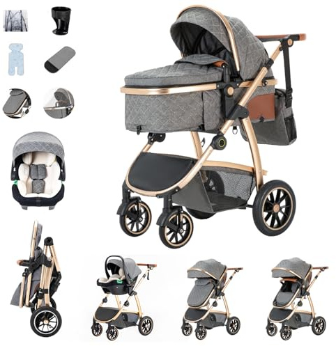 Zkiprm Kinderwagen 3 in 1, Reisesystem mit Autositz, Buggy mit verstellbaren Armlehnen, Kombikinderwagen mit Regenpolster, Moskitonetz, Aluminiumrahmen, Straßenwagen für 0-4 Jahre