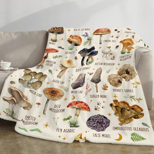 Mushroom Blanket, Mushroom Gifts for Women Men, Mushrooms Illustration Throw Blanket, Soft Cozy Flannel Fleece Mushrooms Decorations Blankets Throw for Bed Couch Sofa Home Decor 50''x 60''