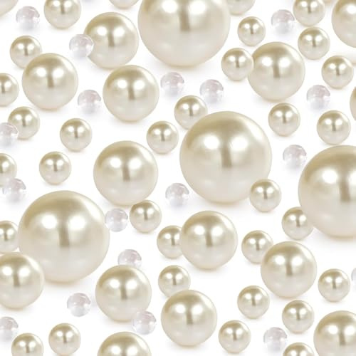FENGCHUANG Perles Flottantes pour Vase 150 pcs Satin Lustre Perles Rondes, 8/14/20mm Acrylique Sans Trou Perle Flottante, Faux Perle Brillante pour Vase Filler Table Scatter Mariage Décor Blanc