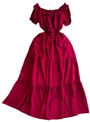 Vestido largo vintage de verano para mujer, manga corta, cintura alta, vestido largo para vacaciones en la playa, fucsia, Altoa única