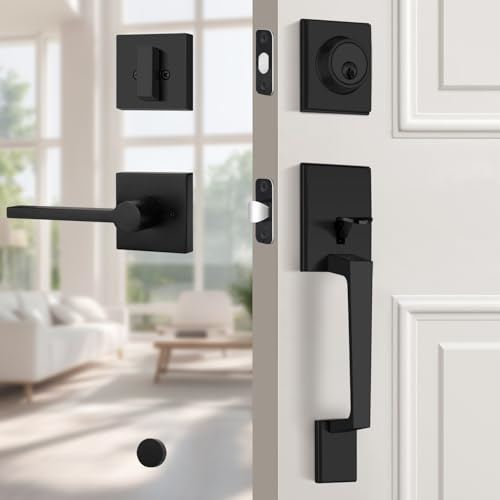 EHOMEWARE Matte Black Front Door Lock Set, Exterior Door Handle with Single Deadbolt, Heavy Duty Entry Door Handle Set, Reversible Door Lever for Left/Right Handed Doors