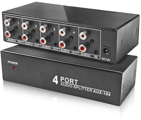 BolAAzuL Audio-Splitter, 3,5 mm Aux + Cinch L/R, 1 in 4 Ausgänge, 4-Wege-Stereo-Audio-Verteilerbox, 4-K-Stereo-Cinch-Splitter, 1 x 4 für DVD-Player, Spielkonsole, Kopfhörer, Lautsprecher – mit