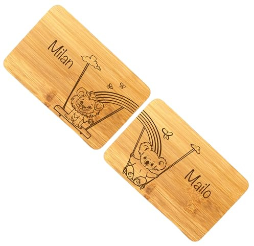 Personalisiertes Frühstücksbrett Set Löwe und Koalabär, Brotzeitbrett mit Druck, Geburtsgeschenk Zwillinge personalisiert mit Namen, Regenbogenmotiv, Frühstücksbrettchen Bambus Kinder (Löwe & Koala)