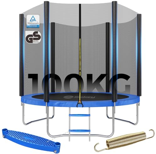 Sekey Trampolin Outdoor Ø 244/305/366 cm - TÜV Rheinland GS-Zertifiziert, Kindertrampolin Gartentrampolin mit Rutschfester Leiter, verstärktem Sicherheitsnetz und Randabdeckung 244CM 100KG, Blau