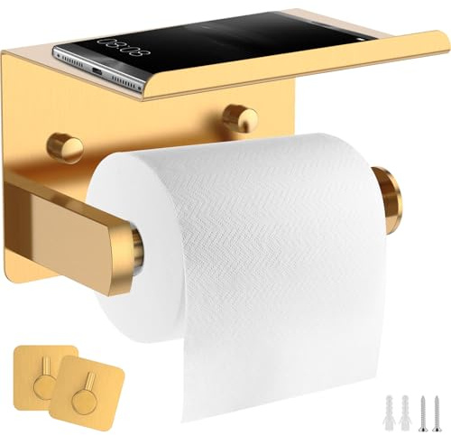 Toilettenpapierhalter mit Ablage, Edelstahl Toilettenrollenhalter Wand Klopapierhalter mit 2 Selbstklebende Handtuchhaken Multifunktionaler WC Papier Halterung für Badzimmer (Gold)
