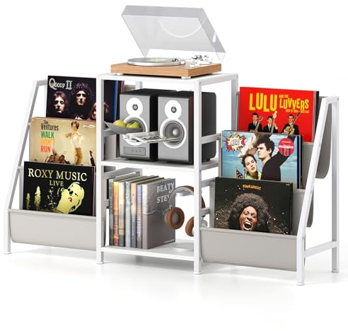 COSTWAY Supporto per Giradischi per Vinili, Porta Giradischi Vinili Fino a 200 Album con 3 Ripiani, 6 Tasche di Archiviazione e Struttura in Metallo, per Casa Studio e Caffè, 125x30x69 cm (Bianco)