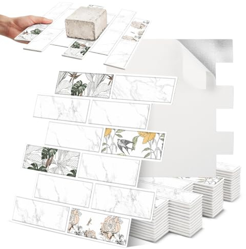 3d Fliesenaufkleber, 10-Stück Selbstklebend Fliesenaufkleber, Klebefliesen Küchenrückwand, Wandfliesen Metro Für Wohnzimmer, Schlafzimmer, Küche, Badezimmer(Blumenmuster)