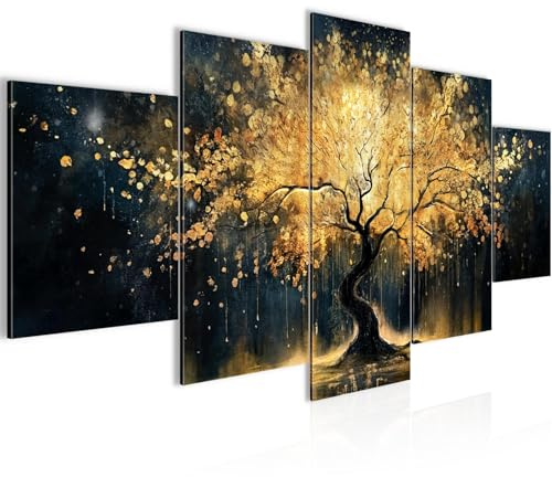 Runa Art - Bilder Abstrakt 200L x 100B cm 5 Teilig XXL Wanddekoration Design Baum leuchtend Goldfarben 056951a