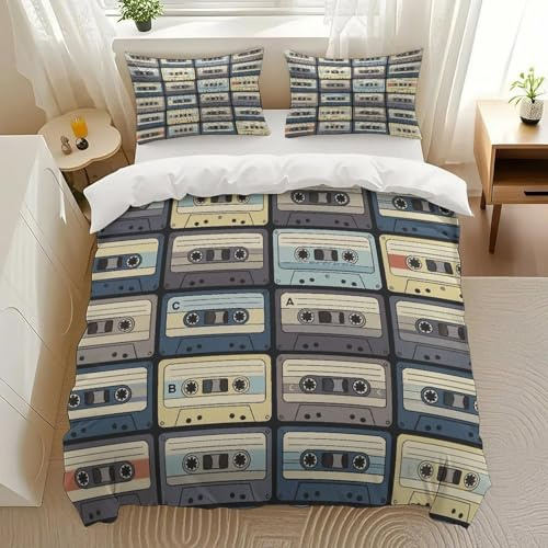 MeiRoTi Cassette Tapes Pattern Bedding Comforter Sets Bedding Set 3 Pieces (1 Duvet Cover 2 Pillowcases) with Zipper Closure Lightweight