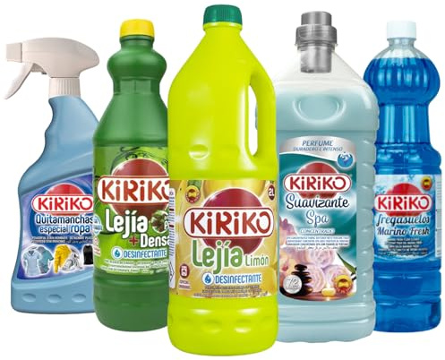 Kiriko Spanish Cleaning Products Household Bundle Spa Scented Bleach 1.5L & 2L, Marino Floor Cleaner 1.5L, Fabric Stain Remover 750ml, Concentrated Fabric Softener 2L 72Wash Deep Clean Fresh Fragrance