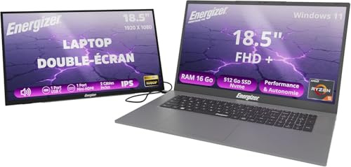 Energizer PACKCONFORT Pro 18 - PC Portable 18,5 HD+ AMD Ryzen 5 3.7GHz 16Go RAM, 512Go SSD Nvme Vega 8, Windows 11, AZERTY + Écran LCD 18,5 LCD Full HD 100Hz Laptop Double-écran