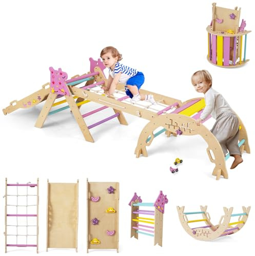 DREAMADE 9-in-1 Montessori Kletterdreieck Set, Kletterbogen aus Holz mit Netz für Kleinkinder ab 1 Jahre, Kletterspielzeug, Indoor Klettergerüst für Kinderzimmer (Lila,Einhorn-4er Set)