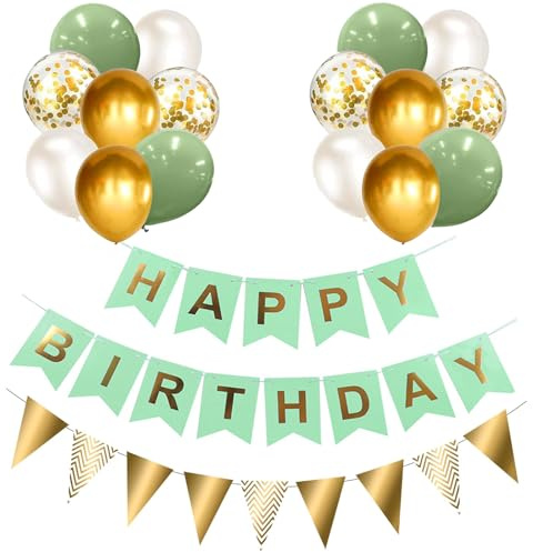Luftballons Geburtstag Dekoration Set, Grün Gold Geburtstagsdeko Happy Birthday deko Banner Set mit Luftballons Konfetti Ballons Dreiecksflaggen Girlanden（GN+GD+SJQ）