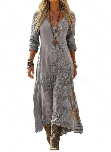Women's Gray Floral Bohemian A-Line Maxi Dress, Long Sleeve Loose Vintage Ethnic Print Flowy Casual Dress
