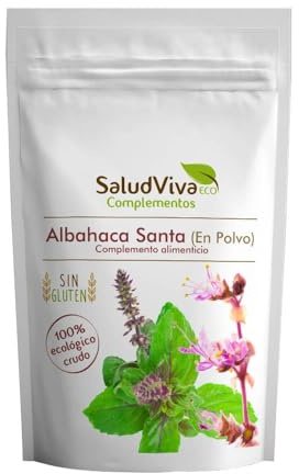 Albahaca santa Tulsi en polvo ecológica SaludViva 80 g | Complemento ayurvédico alto en fibra y proteínas | Ideal para preparar té de Tulsi, infusiones y mezclas de hierbas