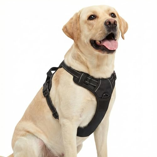 Funfox Hundegeschirr Grosse Hunde, Anti Zug Brustgeschirr Verstellbares Geschirr Hund, Antiziehgeschirr mit Griff und Reflektorstreifen, No Pull Geschirr für Kleine Mittlere Grosse Schwarz XL