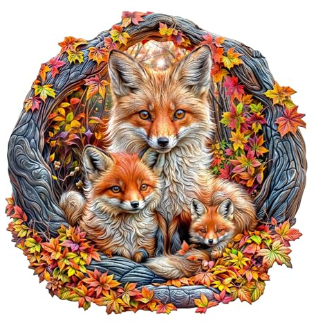Jigfoxy Holzpuzzle für Erwachsene, Familie Fuchs Holz Puzzle, einzigartiges Tierpuzzle aus Holz, Geschenk zu Weihnachten für Familie und Freunde, L-34 * 34cm-290Teile