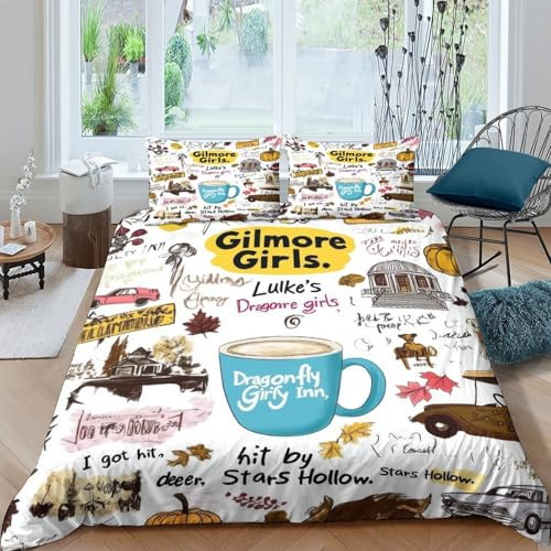 Gilmore Girls artcopripiumino morbida 3 Pezzi stampa di 3D cerniera nascosta hand drawn cozy illust Set Di Copripiumino con federe per cuscini soffice for bambini e adolescenti King（220x240cm）