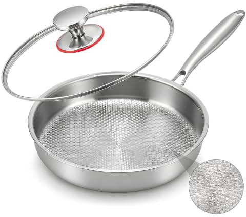 Titan, padella con coperchio, in titanio senza rivestimento, padelle in titanio con motivo martellato per cucinare, antigraffio, antiaderente, padella in titanio Pro induzione, per cucina e campeggio