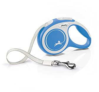flexi® Comfort XS | 3m Gurt Roll-Leine für kleine Hunde bis 12 kg | Miniformat mit 3-Finger Griff | Blau | ausziehbare Hundeleine | Gewicht 126.1 gr | Maße 8,2 x 13 cm