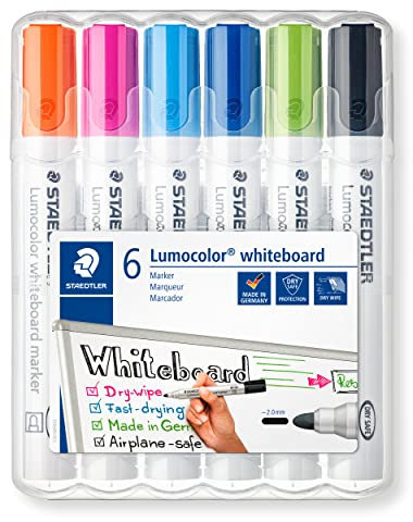 STAEDTLER whiteboard Marker Lumocolor, Linienbreite 2,00 mm, schnelltrocknend, geruchsarm, lange Lebensdauer, blockierte Spitze, 6 whiteboard Marker in aufstellbarer STAEDTLER box, 351 WP6-1