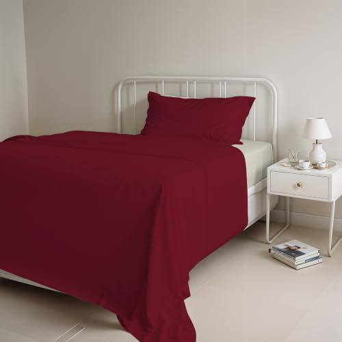Italian Bed Linen Couleur Naturelle Ensemble de draps de lit “Natural Colour”, Coton, Bordeaux/Crème, 1 Place et demie