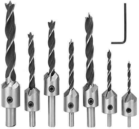 Senkbohrer Set- 7 Stück Senker Bohrer 3 4 5 6 7 8 10 mm, für Holz Schnellstahl, Holzbearbeitung Tischlerei Reibahle mit 1 Gratis Inbusschlüssel